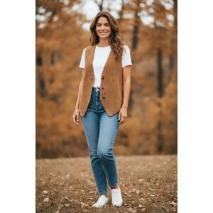 GLOBAL IDENTITY Suede Leather Vest Unisex Brown Stitching Button Front Size S